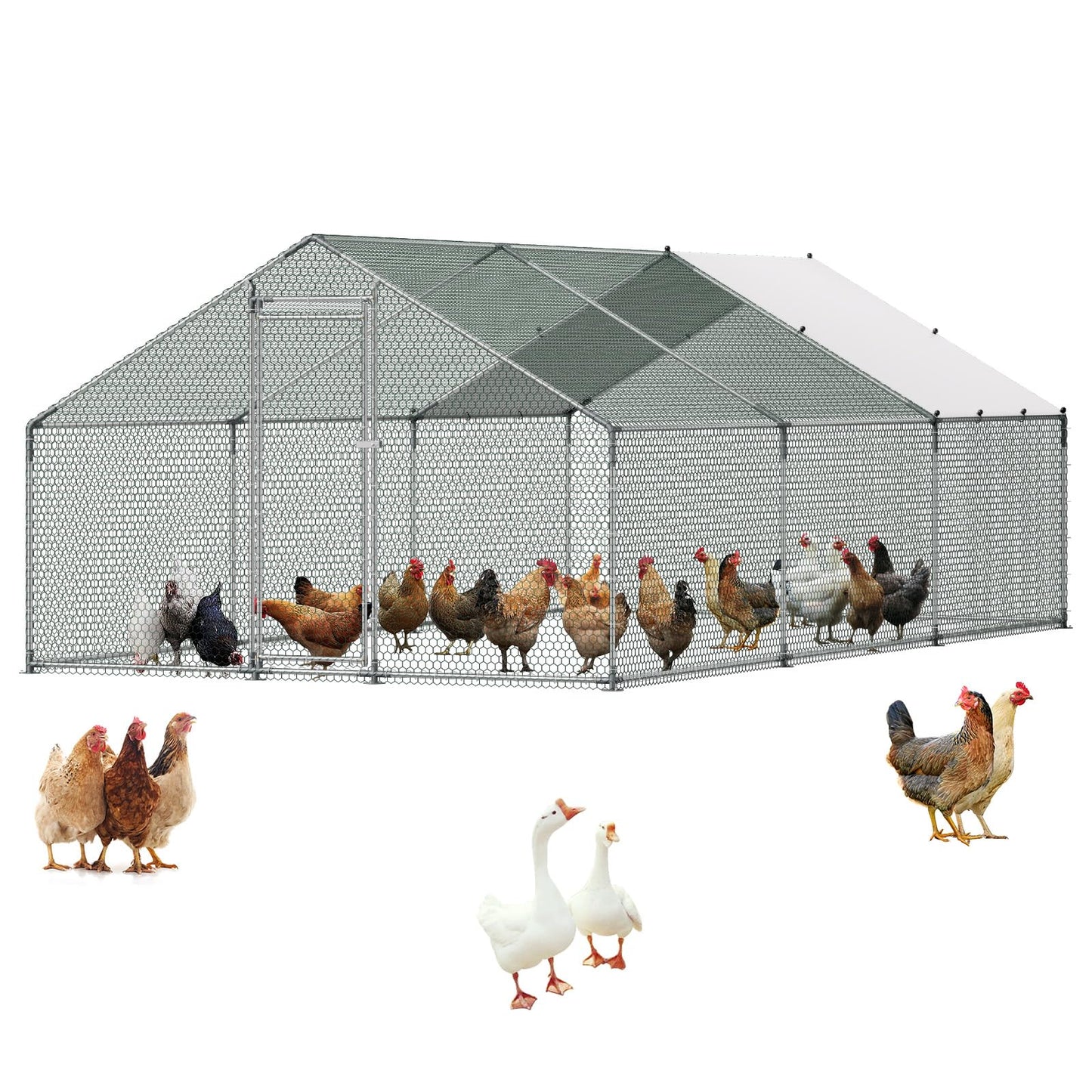 VEVOR Large Metal Chicken Coop, 19.7x9.8x6.5ft Walk-in Chicken Runs for Yard with Cover, Spire Roof Hen House with Security Lock for Outdoor and Backyard, Farm, Duck Rabbit Cage Poultry Pen