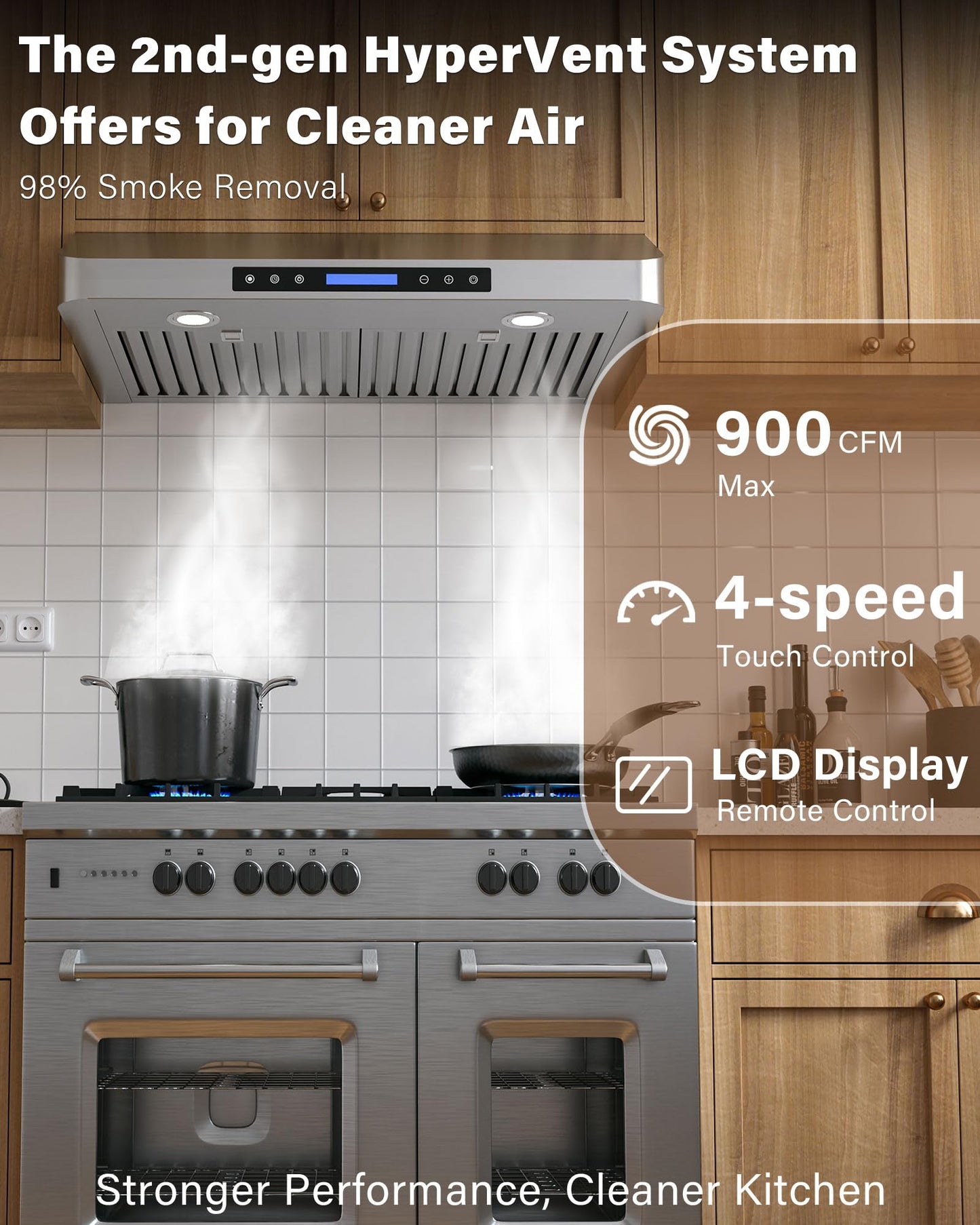 FlyPine 30 inch Stainless Steel Under Cabinet Range Hood - 900 CFM, Ultra-Quiet 4-Speed Vent, Touch/Remote Control LCD, LED Lights, External Venting