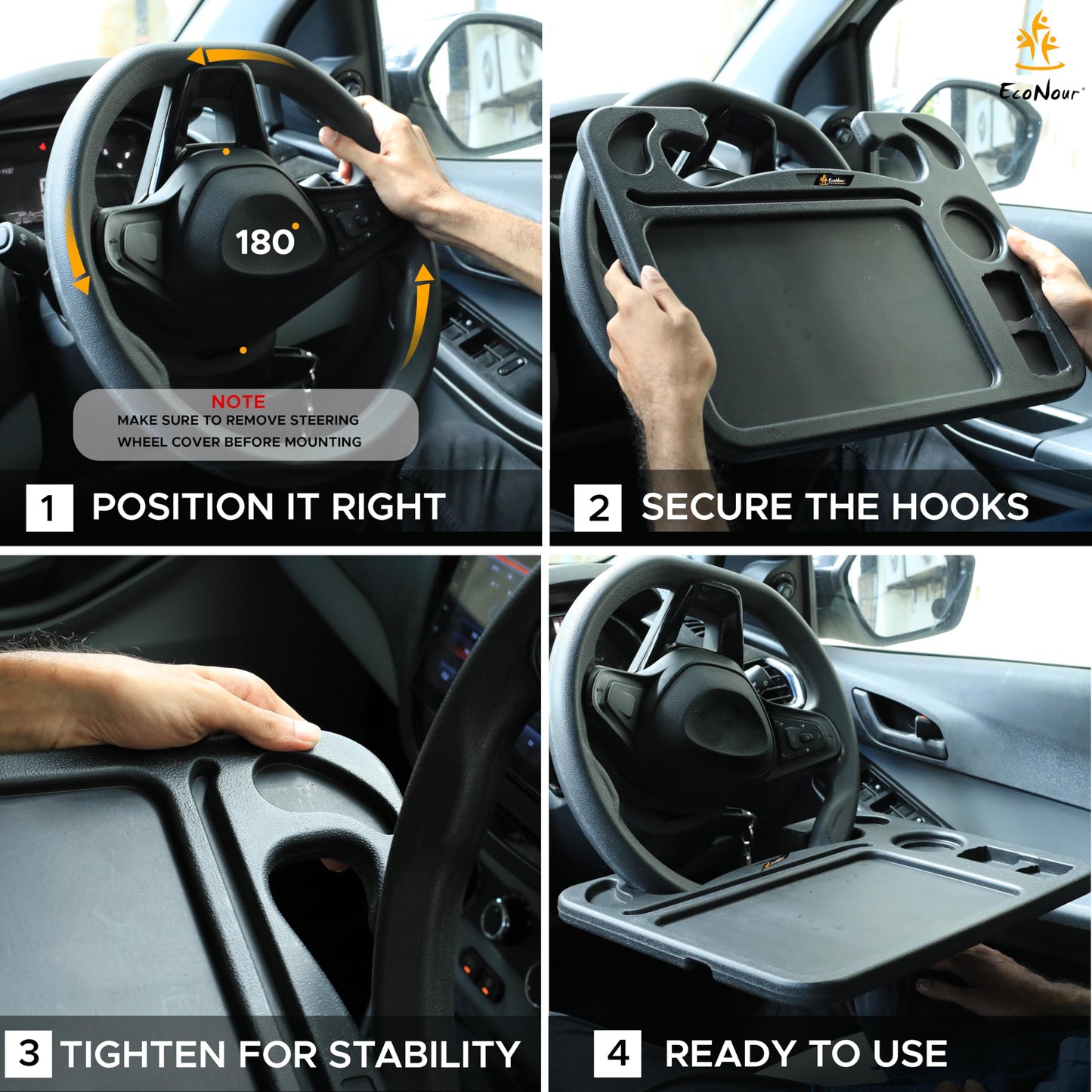 EcoNour 4 in 1 Car Steering Wheel Tray - 2026 Upgraded Tray with Dual Sauce Dip Holder and Tablet Holder | Spacious Steering Wheel Desk for Food and Laptop | Car Accessories (Large)
