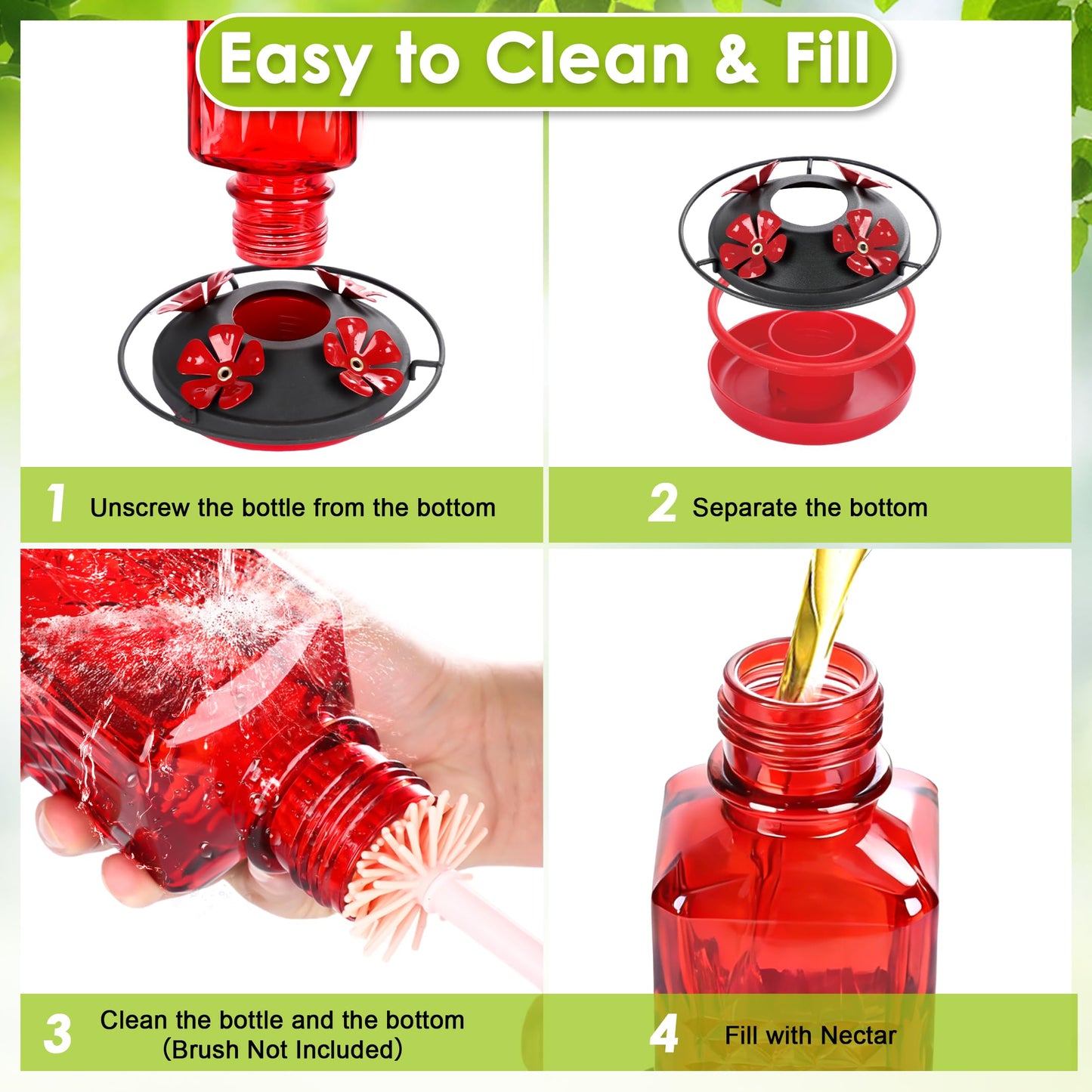 Tegarbed 20oz Glass Hummingbird Feeder for Outdoors Hanging, Bird Nectar Feeder with 4 Bee Guard Flower-Shaped Feeding Ports & Built-in Ant Moat, for Bird Lover, Red (2 Pack)