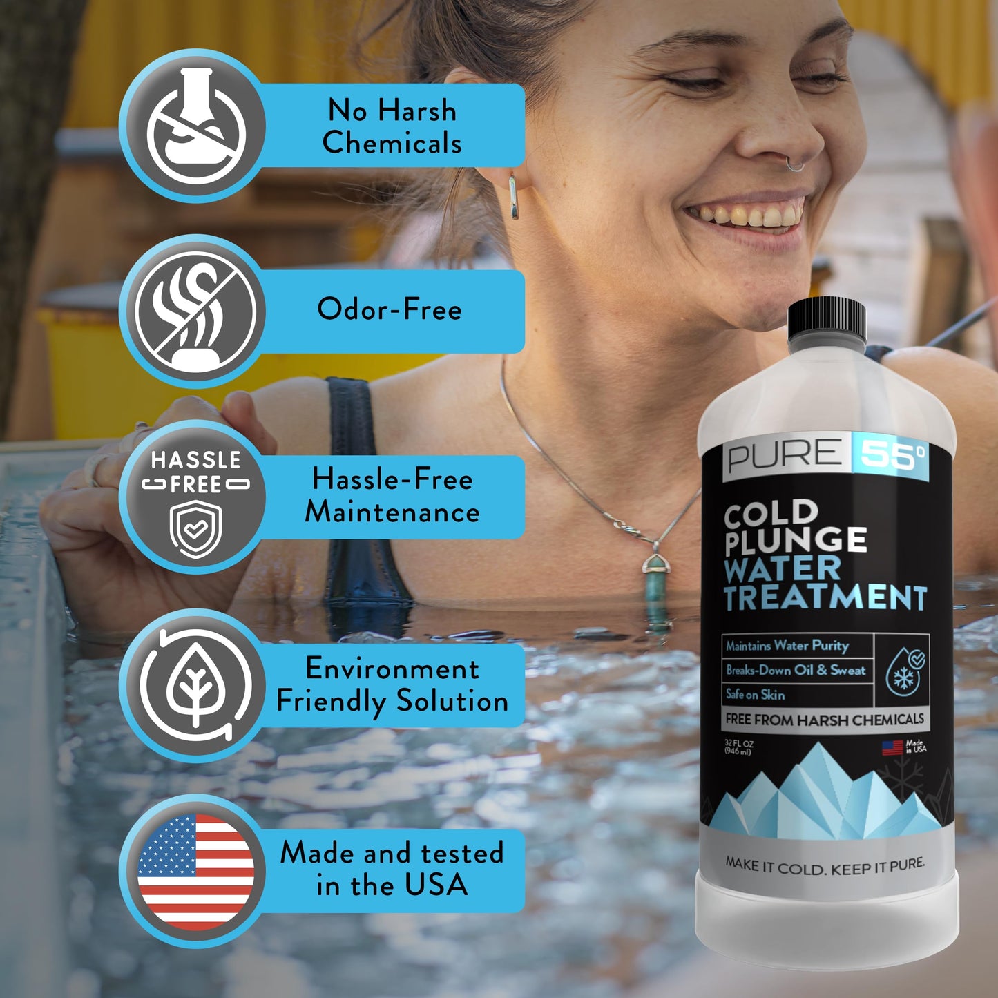 3in1 Cold Plunge Water Treatment, Weekly Natural Ice Plunge Stabilizer & Clarifier, Harsh Chemical Free, Fight Scum & Odors for Clear Waters - Pure55 Made in The USA (32 Fl Oz)