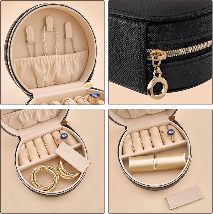 ProCase Travel Size Jewelry Box, Mini Portable Seashell-Shaped Jewelry Case, 2 Layer Organizer in PU Leather for Women -Black