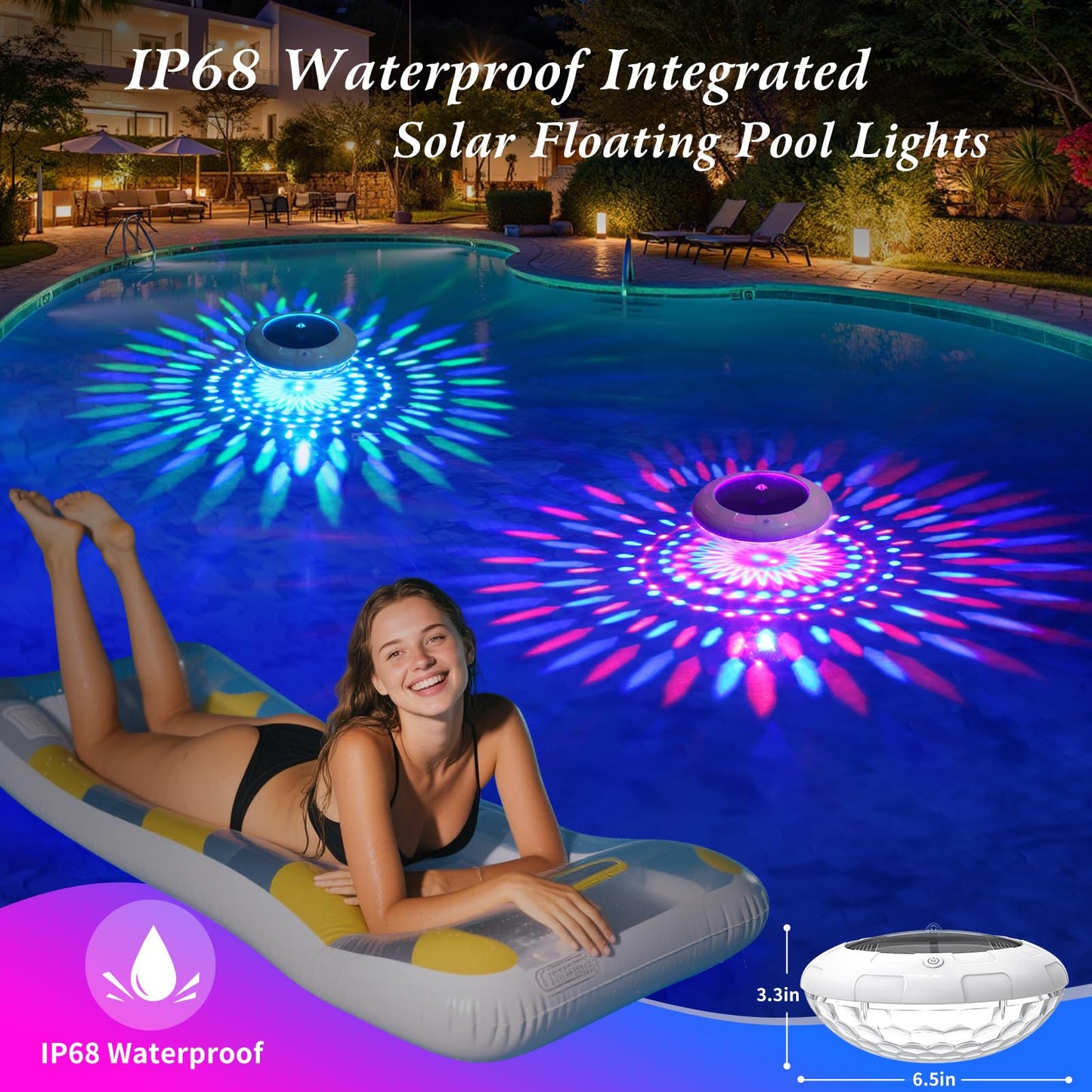 Cootway Floating Pool Lights w/Remote, 6.5 Inch RGB Solar Pool Lights that Float with 9 Dynamic Lighting, IP68 Waterproof Pool Floating Light, Hangable Solar Floating Light for Pools Party Garden(2)
