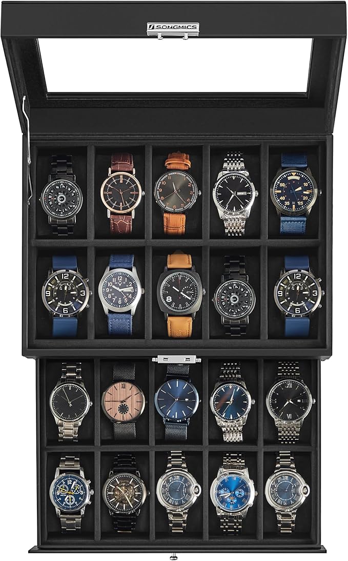 SONGMICS Watch Box, 20-Slot Watch Case Organizer with Large Glass Lid, Removable Pillows, Metal Lock, Gift for Loved Ones, Black Synthetic Leather, Black Lining UJWB020B01