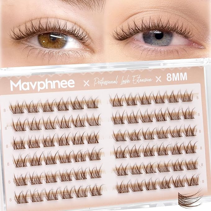 8MM Brown Lash Clusters Short Fluffy Individual Lashes with C Curl & Clear Band, Natural Look for Everyday Wear, Beginner-Friendly - Barely There & "No-Makeup" Makeup Essential