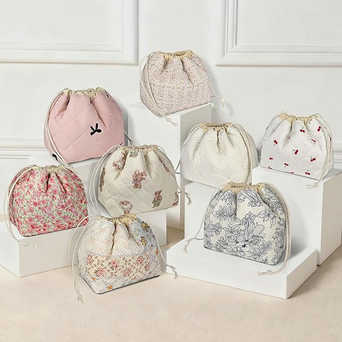 Gosect Large Makeup Bag, Cute Drawstring Cosmetic Bag with Canvas Lining, Floral Coquette Aesthetic Toiletry Bag, Travel Make Up Organizer Bag for Women and Girl (Bear