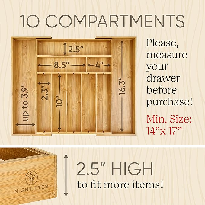 Night Tree 2.5Ã¢ÂÂ Extra Deep Silverware Drawer Organizer with Adjustable Dividers Ã¢ÂÂ Expandable Bamboo Flatware Tray for Kitchen, Reinforced Wood Cutlery Holder (14"-21.6" Wide)