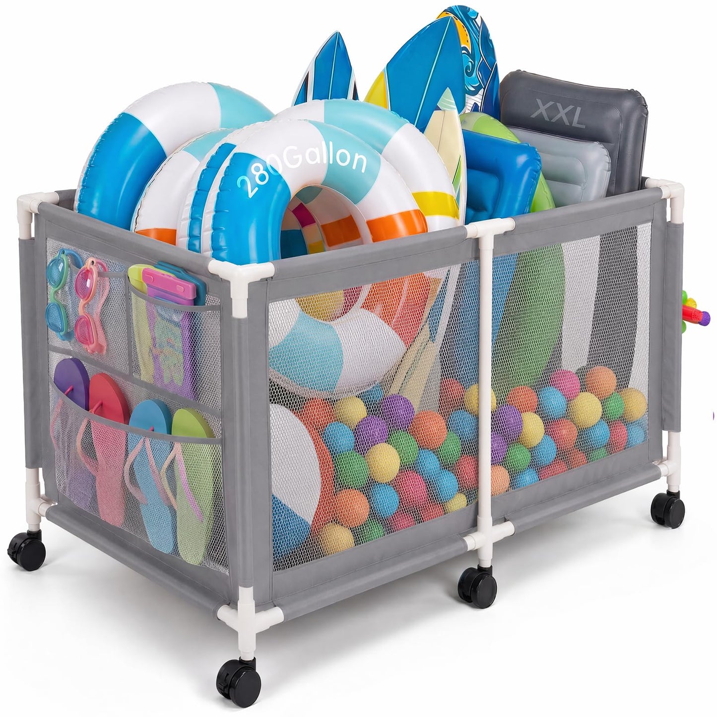 Extra Large Swimming Pool Storage Organizer Upgraded 280-Gallon Rolling Bin with Wheels Side Pockets Float Noodles Holder Mesh Cart for Pool Toys Swim Rings Surfboards Beach Gear Patio Yard Organizer
