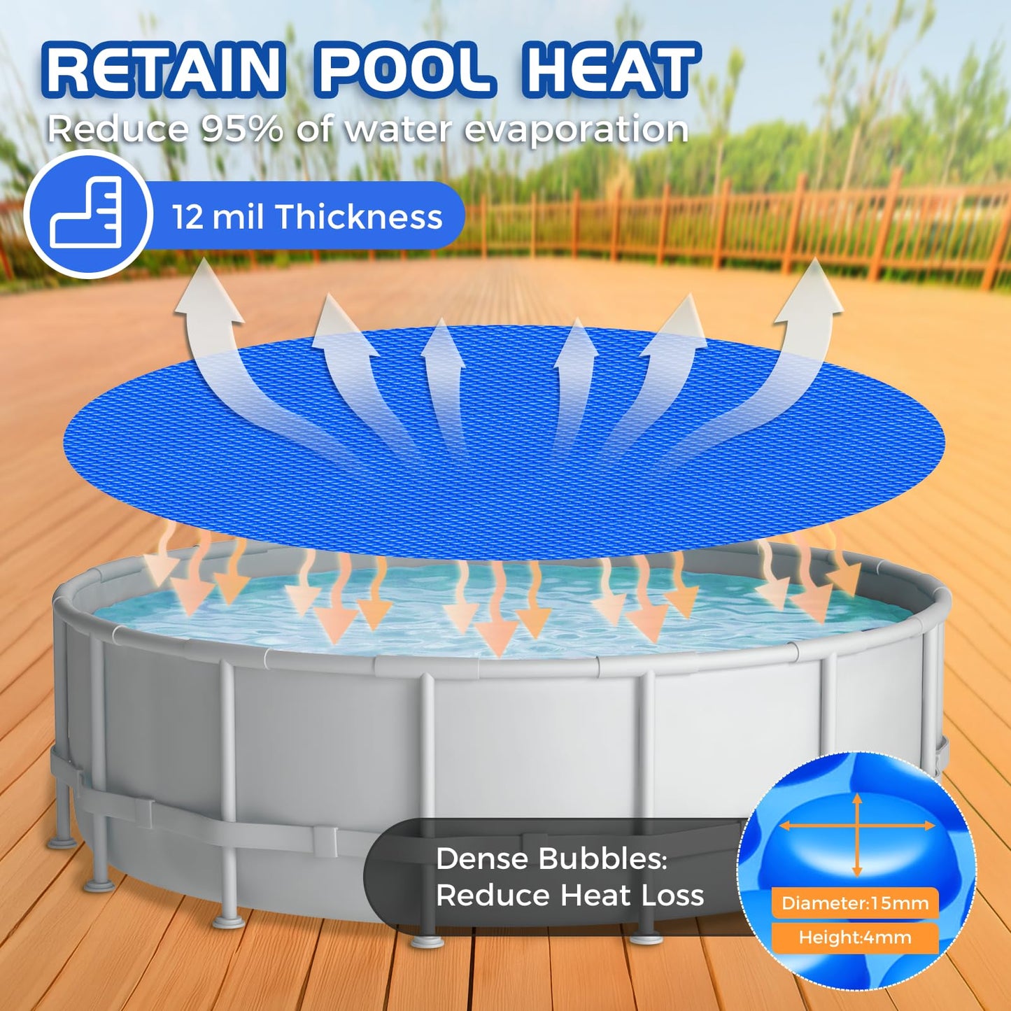 Evoio Solar Pool Cover 15 ft Round for Above Ground Inground Pools Bubble Wrap Covers for Hot Tub Spa Thermal Heating, 12 Mil Circle Blue Floating Blanket for 6-24 Foot Feet Diameter Swimming Pools
