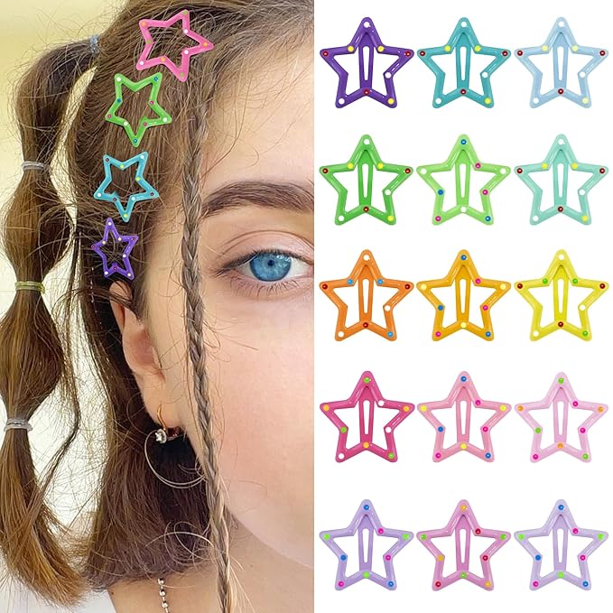 Star Hair Clips Snap Hair Barrettes Non Slip Star Hair Accessories Multiple Colors Metal Hair Clips for Girls Women -15 PCS 1.18"