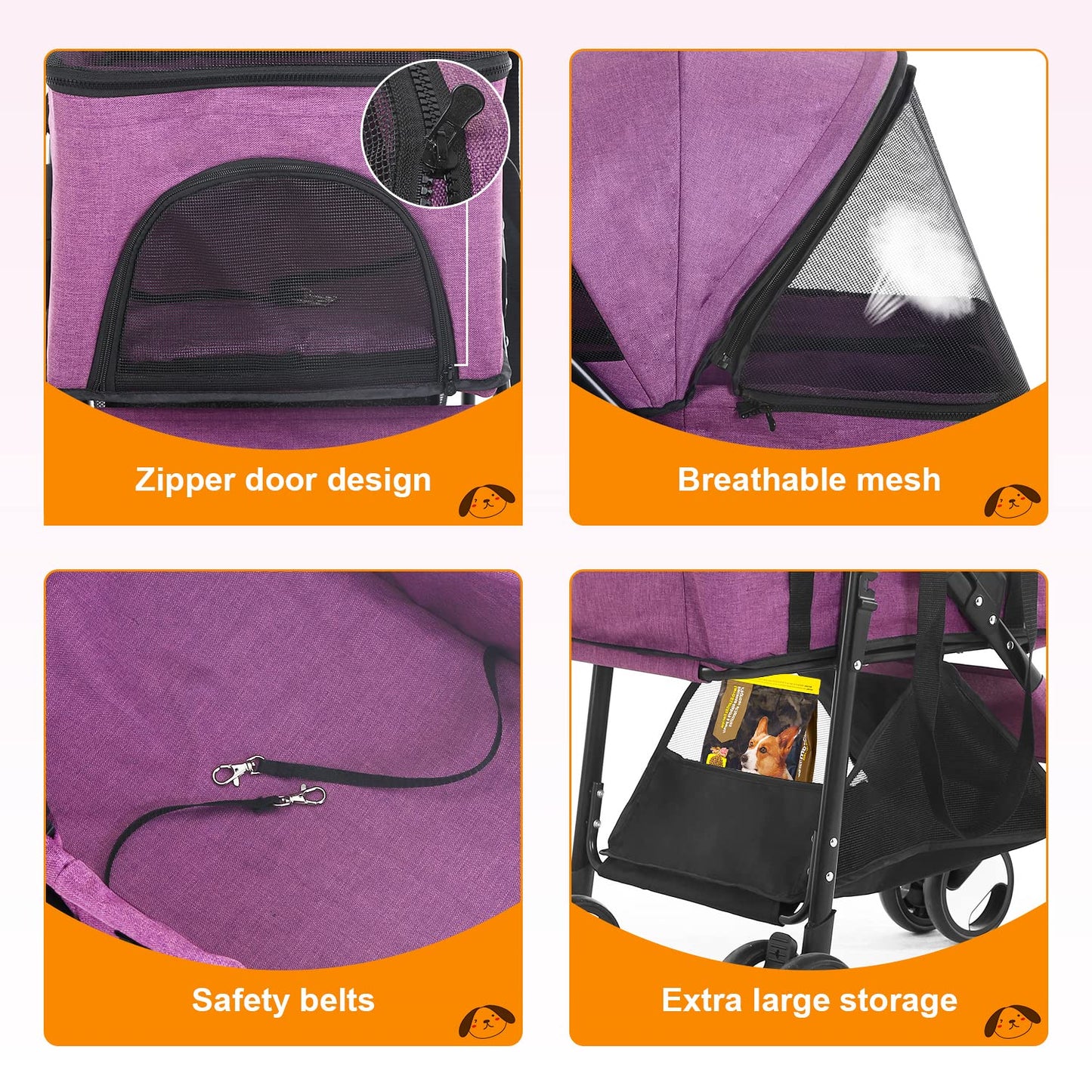 BestPet Pet Stroller Premium 3-in-1 Multifunction Dog Cat Jogger Stroller for Medium Small Dogs Cats with Folding Lightweight Travel & Detachable Carrier,Purple