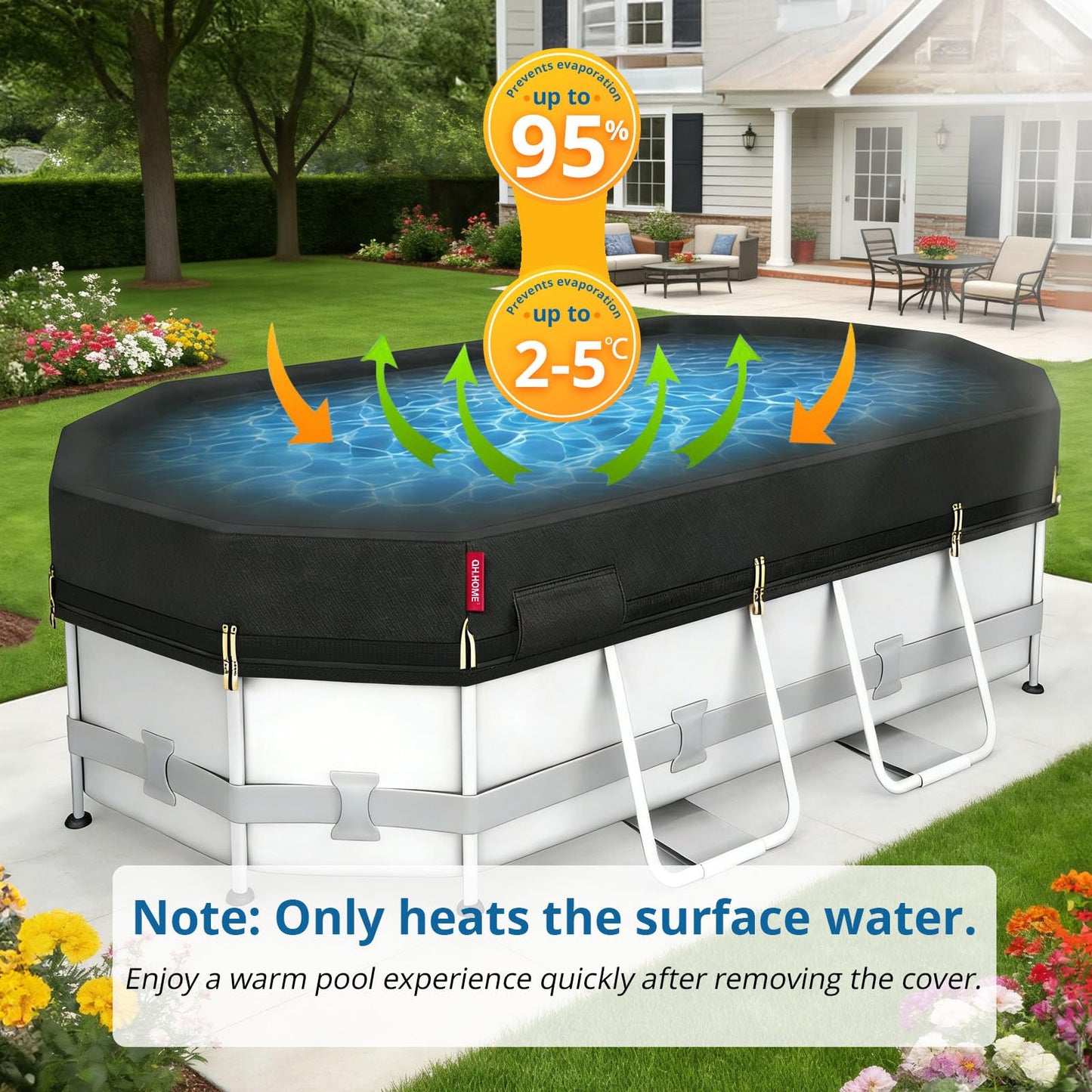 QH.HOME 10x16Ft Oval Pool Cover,Super Windproof Ratchet Straps (1,500lb Break Strength)-Effective Installation/Removal,Pool Cover for Above Ground Pools,Snug Fit,Blocks Leaves, Sun & Water