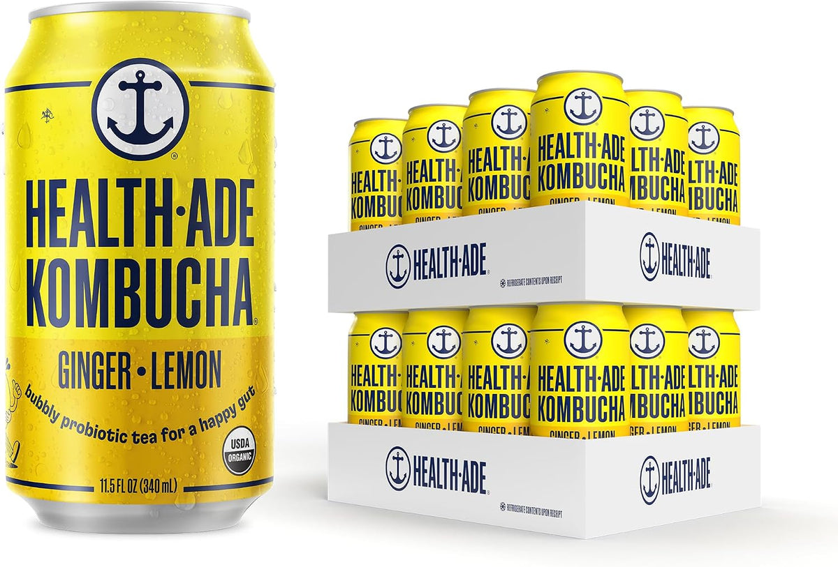 Health-Ade Ginger-Lemon Kombucha, Organic Drink, 24-Pack (11.5 Fl Oz Cans) - Fermented Tea with Probiotics, Detoxifying Acids, Supports Gut Health - Non-GMO, Vegan, Gluten-Free