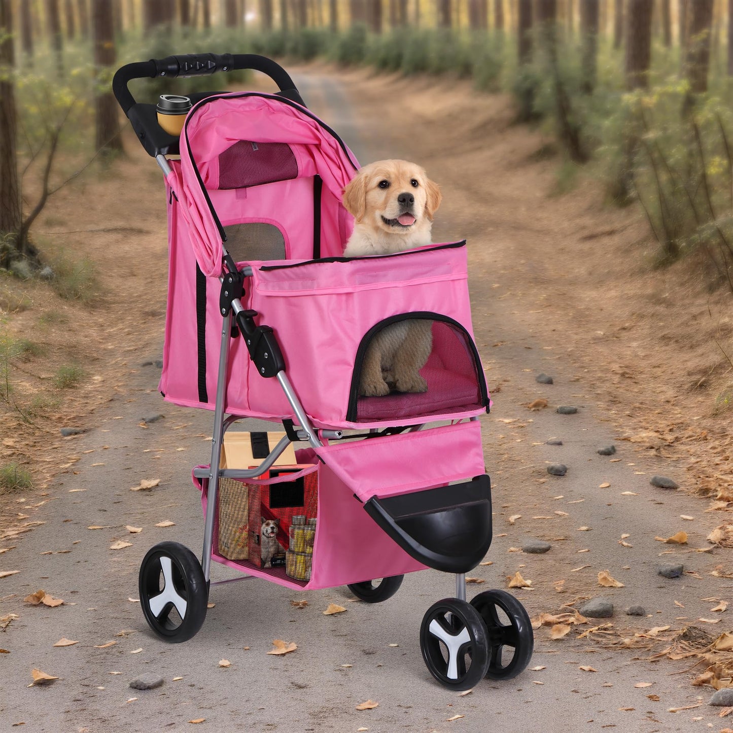 LEMY Foldable Pet Stroller,3 Wheels Cat/Dog Stroller with Weather Cover for Small/Medium Dogs and Cats,Pink Pet Strolling Cart with Storage Basket and Cup Holder