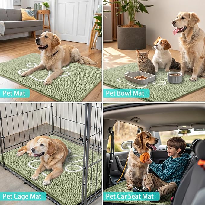 Smiry Dog Door Mat for Muddy Paws, Absorbent Dirt Trapper Non Slip Quick Dry Washable Chenille Mat for Mud Dogs, Entry Rug for Indoor and Outdoor (47x32 Inches, Sage Green and White)