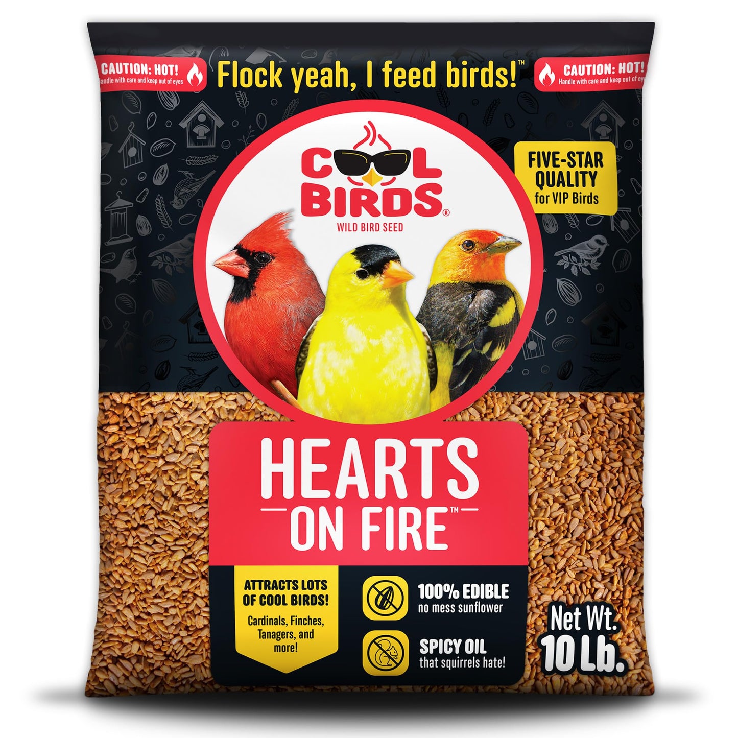 Cool Birds Hearts on Fire Hot Bird Seed â 10 lb. 100% Hulled Sunflower Hearts with Chili Pepper Oil â No Waste Bird Seed for Outside Feeders