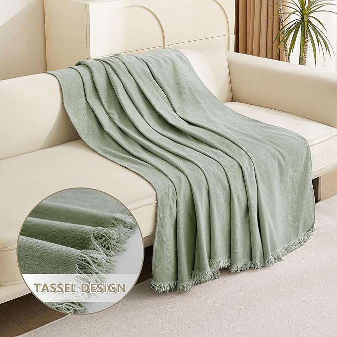 MYSKY HOME Sectional Couch Cover Blanket Living Room Furniture Protector for Pets, Farmhouse Home Decor Sofa Covers Tassel Chenielle Sofa Slipcover Soft Throw Couch for Dogs, 71" X 150", Sage Green