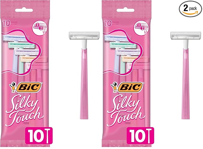 BIC Silky Touch Women's Disposable Razors, With 2 Blades, Pretty Pastel Razor Handles, 10 Count Pack of Shaving Razors (Pack of 2)