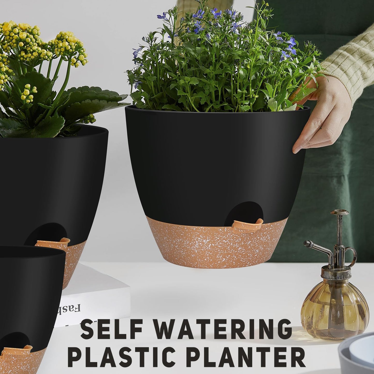 YNNICO 12" 10" 9" Large Self Watering Plant Pots, 3 Pack Flower Pots Planters with Multi Mesh Drainage Holes for Indoor Outdoor Garden Plants and Flowers (Black)