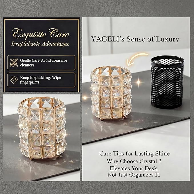 YAGELI Crystal Pen Holder for Desk, 3.58" Gold/Silver Metal Pencil Cup, Elegant Office Desk Accessories for Women, Modern Home Office Decor, Teacher Gift - Compact Vanity Makeup Brush Organizer(Gold)