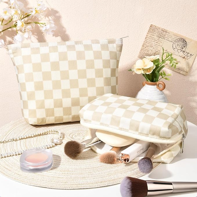 SOIDRAM 2 Pcs Checkered Makeup Bag Large Cosmetic Bag Toiletry Bag Makeup Pouch Travel Bag Organizer Cute Makeup Brushes Aesthetic Accessories Storage Bag for Women Brown Checkered