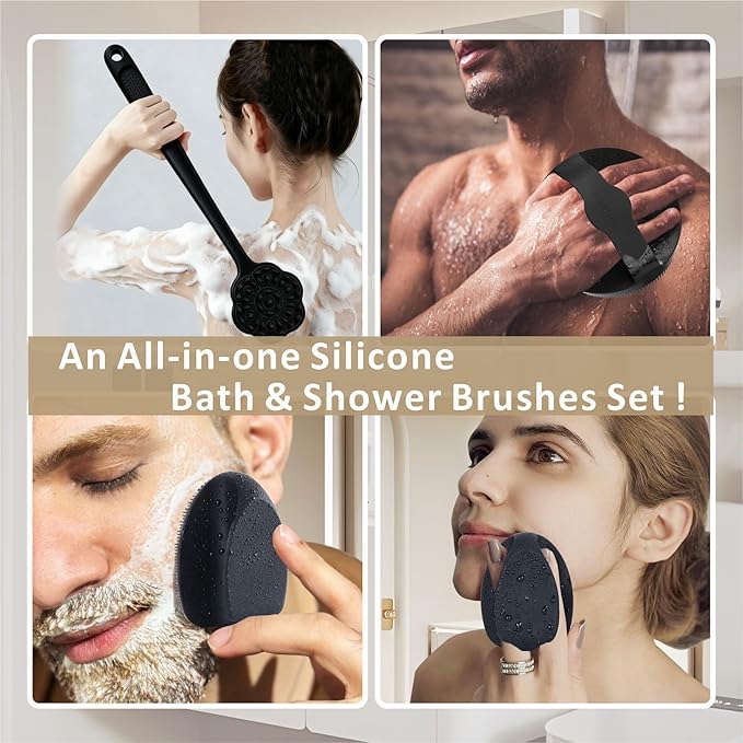 Back Scrubber & Face Scrubber Brush for Shower - 15 Inch Long Handle Double Sided Silicone Body Brush for Exfoliation & Massage, Soft Facial Cleansing Brush, Rich Lathering for Deep Cleansing (Black)