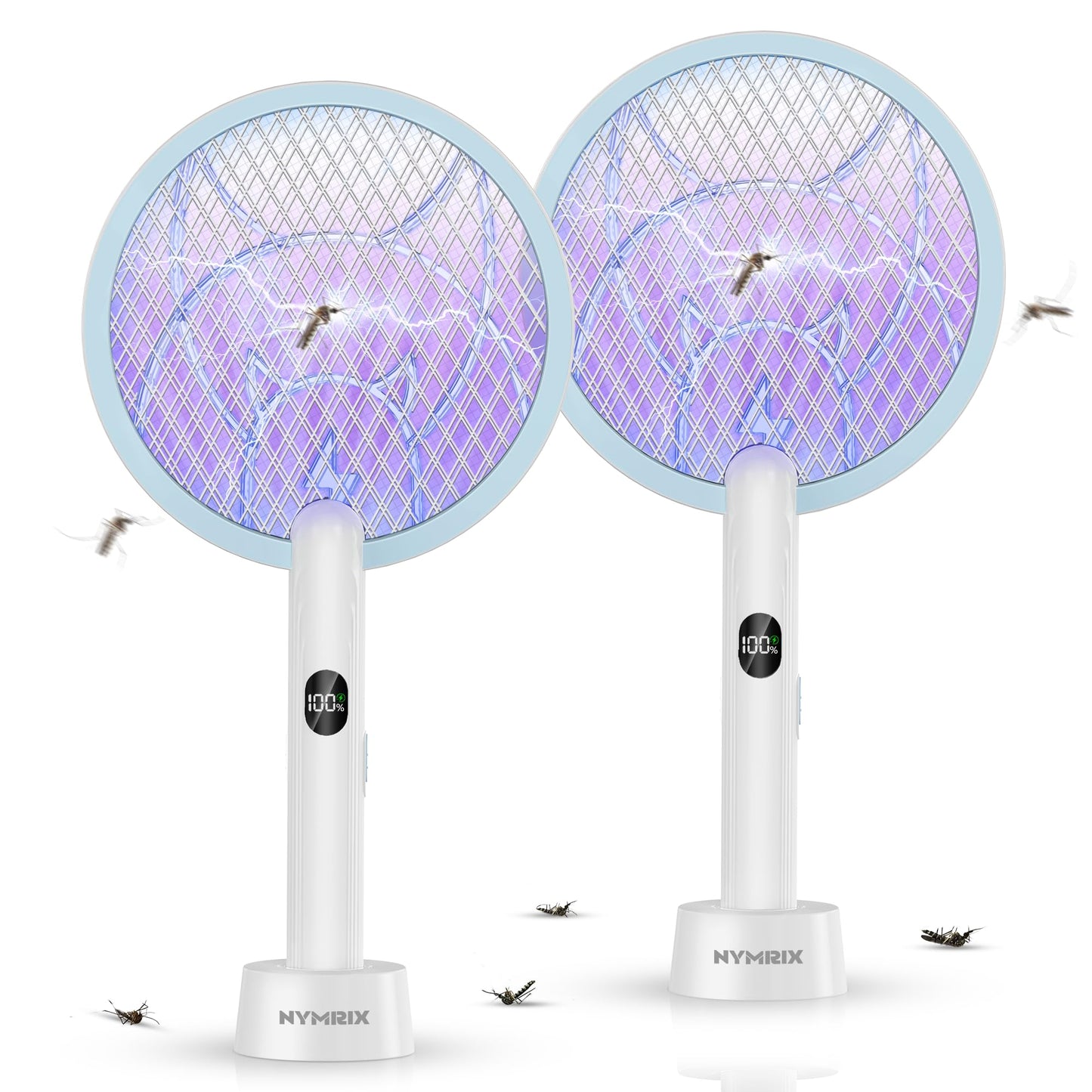Nymrix Electric Fly Swatter Racket, 2 in 1 Mosquito Bug Zapper 4100V Handheld Mosquito Killer with 1800 mAh Rechargeable Battery, Purple Lightand 3-Layer Safety Mesh for Indoor Outdoor Blue Two-Pack