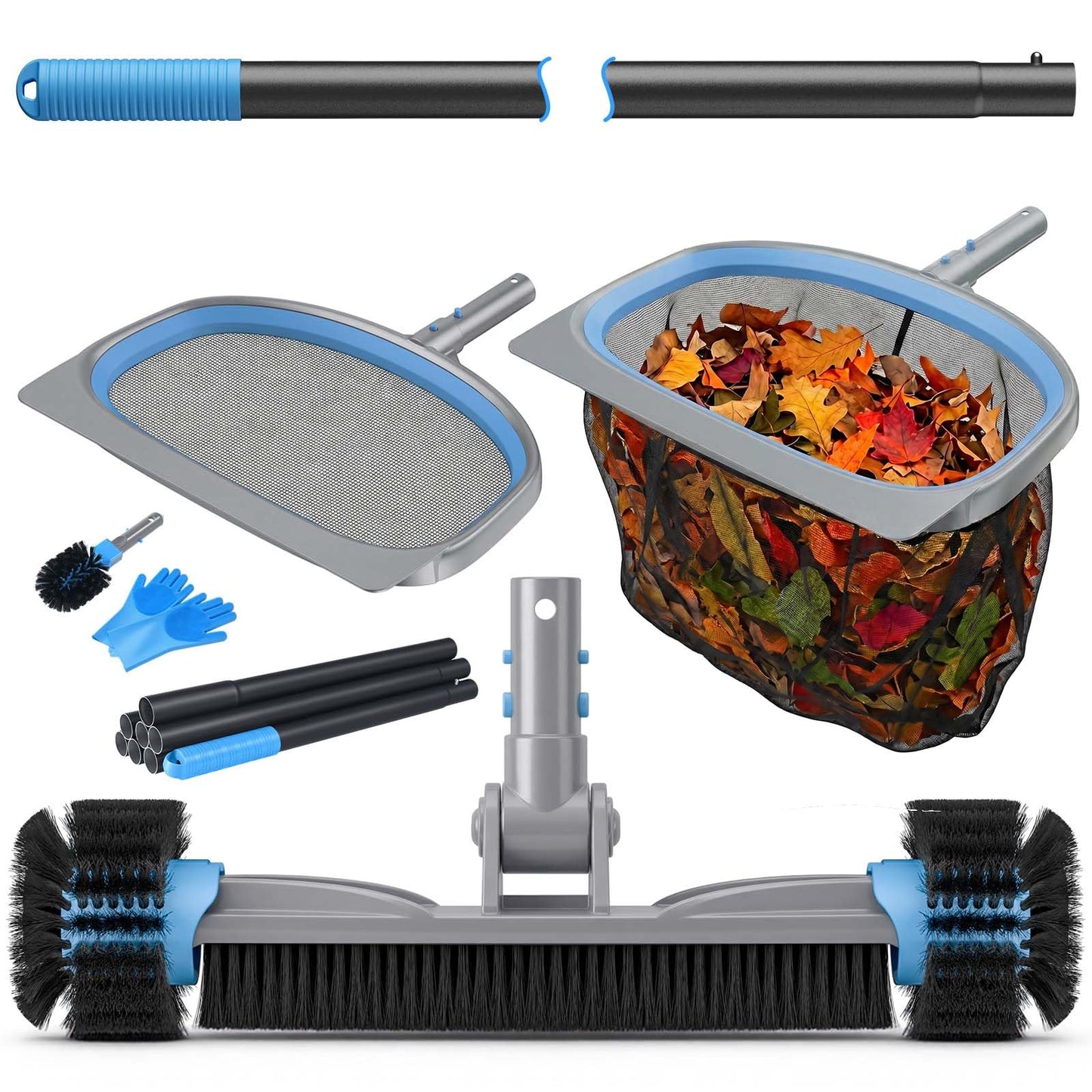 UIRWAY 6-in-1 Deluxe Swimming Pool Cleaning Kit - Includes Detachable Pool Brush, Deep Leaf Skimmer & Fine Mesh Net, Small Brush, Gloves, Adjustable Aluminum Pole Inground & Above Ground Cleaning