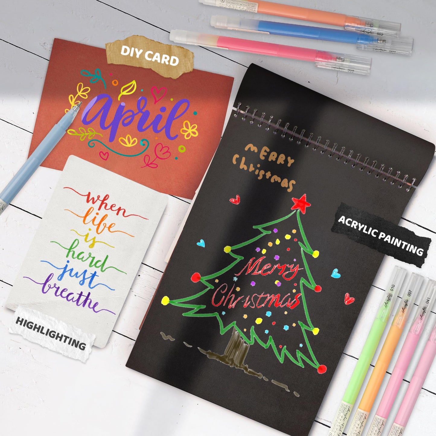 ZSCM 100 Colors 3D Acrylic Gel Pens & Black Paper Sketchbook for Drawing, 1mm Fine Point Acrylic Ink Pen, Opaque Archival Ink Pens for Black Paper Drawing, Sketching, Illustration, Card Making