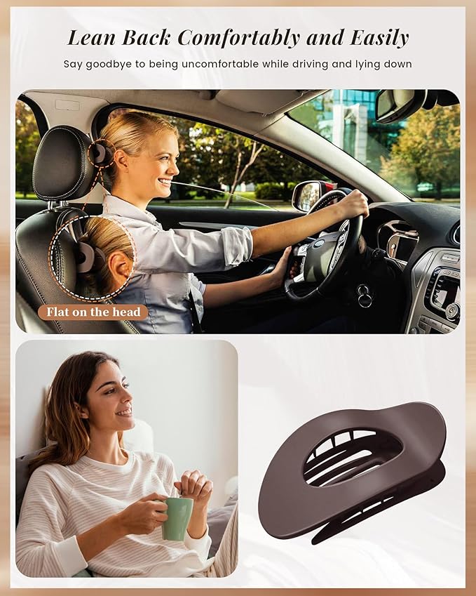 Mesovor 6 Pack Flat Hair Claw Clips, 4.33" Nonslip Large Round Lay Flat Hair Clips | Strong Hold French Flat Hairclips for Lying Down, Yoga, Driving (Brown Matte)