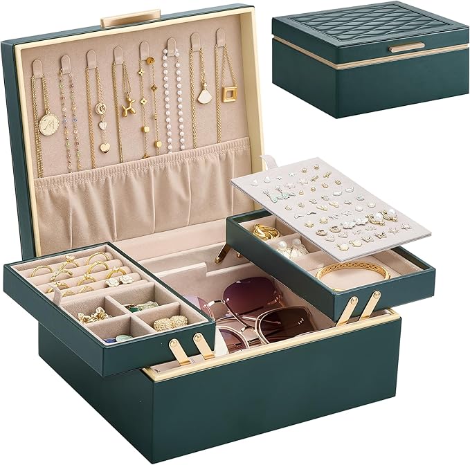 Lolalet Jewelry Box Organizer for Women Girls, 2 Layer Jewelry Organizers and Storage for Necklace Earrings Rings Bracelets, Large Jewellery Holder Case Birthday Valentine Gifts -DarkEmerald
