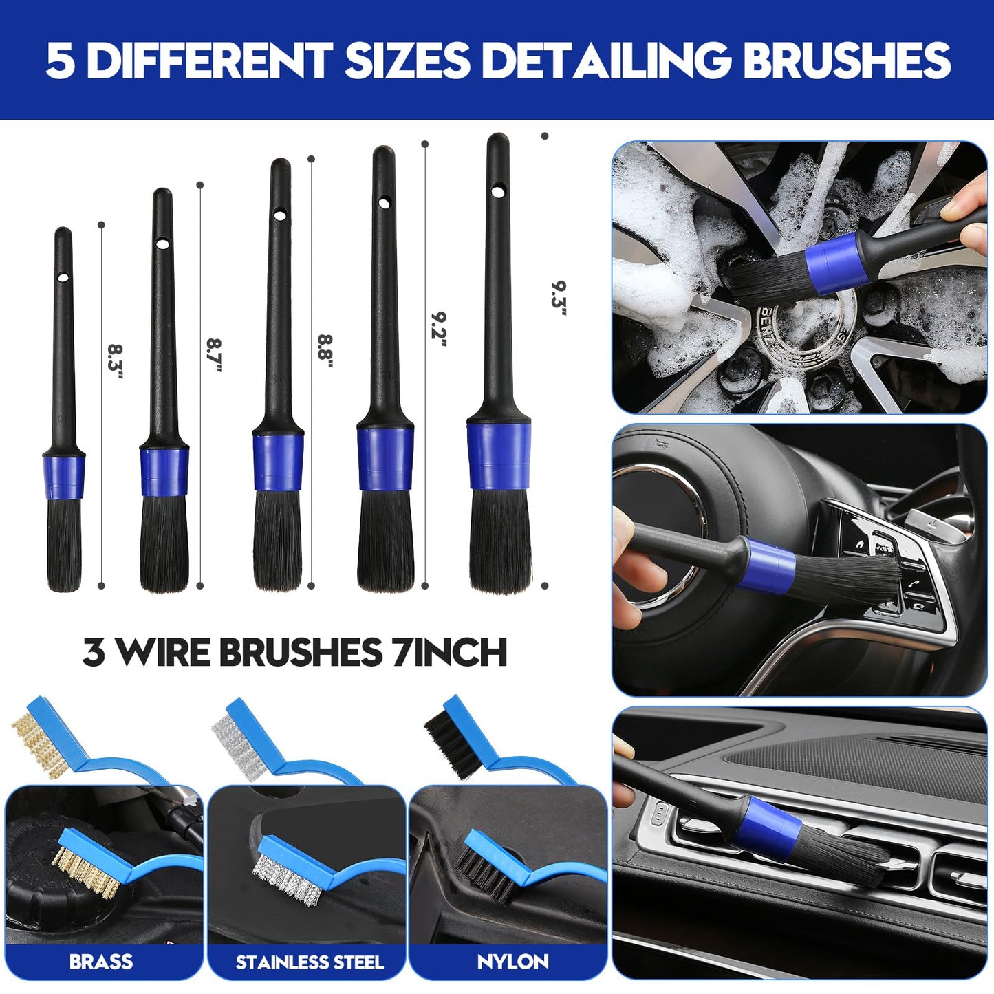 Qydipclin 42Pcs Car Detailing Kit, Car Detailing Brush Set, Car Wash Cleaning Kit, Car Detailing Brushes, Professional Car Care Kit for Interior Exterior Wheels, Blue
