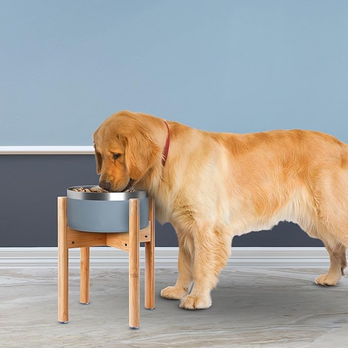 Dog Bowl Stand for Large Breed - Raise, Elevate Bowls to 14-inch High - Adjustable, Fits Any Single Pet Food/Water Feeders and Fountains - Durable Bamboo