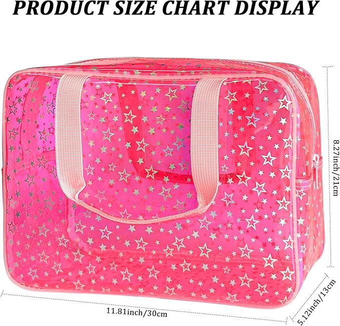 Clear Star Large Cosmetic Bag and Travel Pouch with Handle,Durable Material,Zipper Design-Ideal for Makeup,Travel Essentials (Pink+Shiny Star)