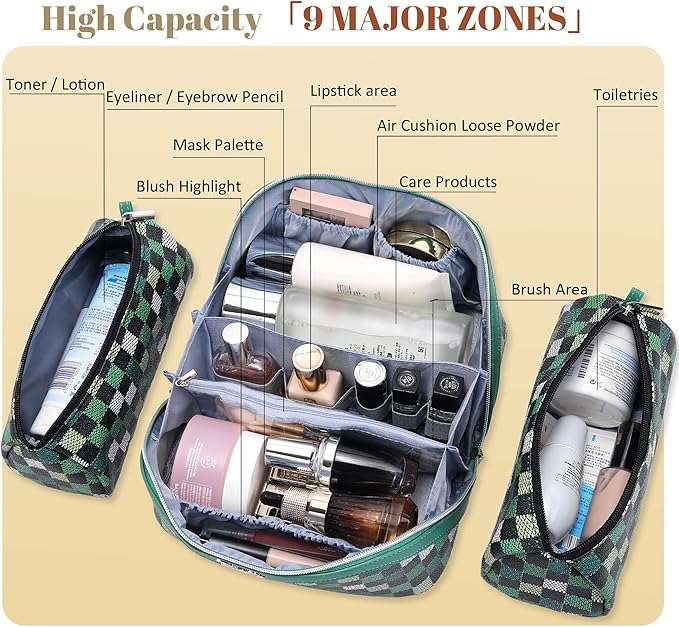 BOYATU Travel Makeup Bag Organizer Cosmetic Bag: 3 Pcs Set Make up Bags for Women with Handle - Waterproof Vegan Leather Toiletry Bag (01-H-Green)