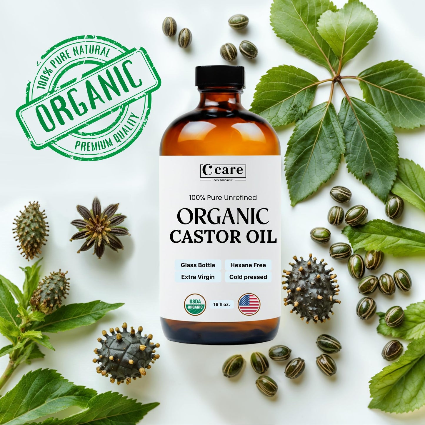 Castor Oil 100% Pure Organic Cold Pressed Unrefined Glass Bottle | USDA Certified Organic | Hexane Free Extra Virgin | for Hair Growth Eyebrows Eyelashes Skin and Castor Oil Pack Wrap | 16oz