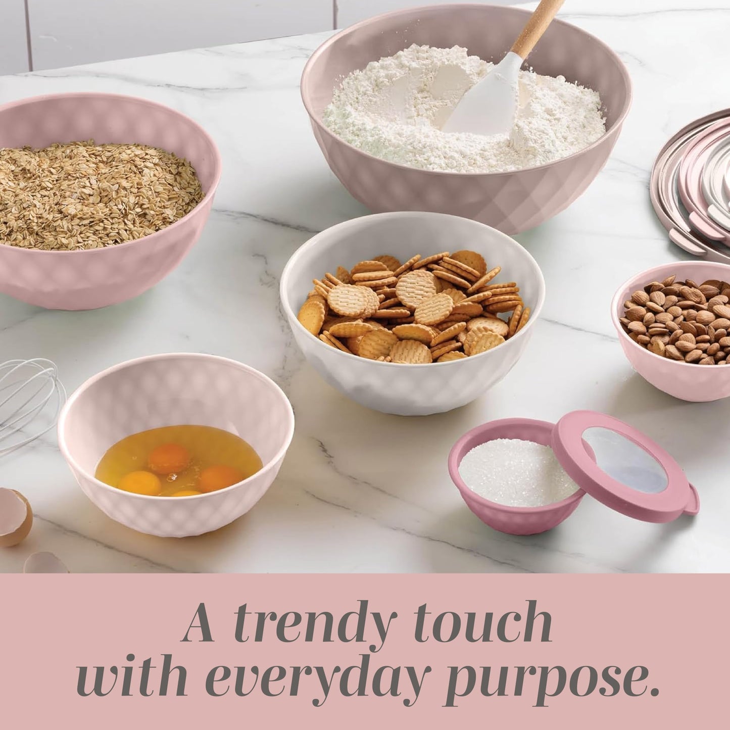 COOK WITH COLOR Mixing Bowls with Lids - 12 Piece Plastic Nesting Bowls Set includes 6 Prep Bowls and 6 Lids, Diamond Design - Microwave Safe (Mint)