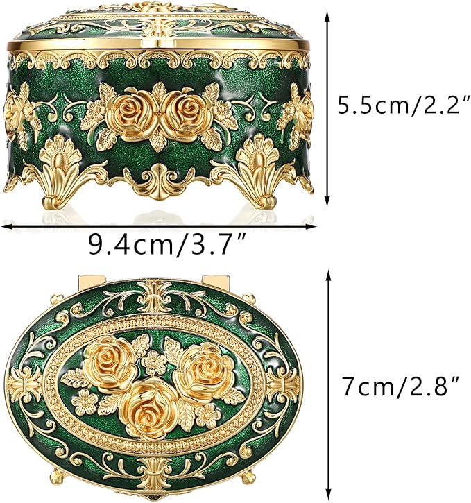 Hipiwe Vintage Jewelry Box Oval Trinket Display Case with Rose Pattern Decorative Green Treasure Box Ring Holder for Women