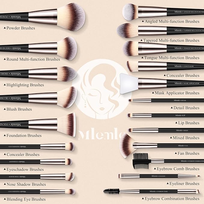 Makeup Brushes Set, Mlemle Professional 25 Pcs Makeup Kit, Include Powder Foundation Concealers Blush Eye shadows 21 Pcs Makeup Brushes and 2 Powder Puff, 2 Makeup Sponge(B02-CreamBlack)