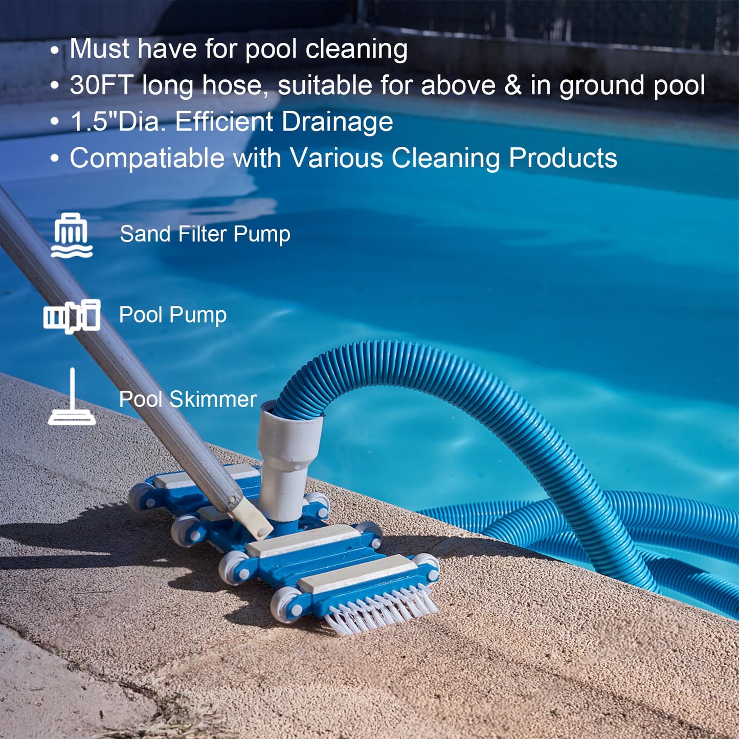 Pool Vacuum Hose With Swivel Cuff 1-1/2" Diameter 30FT Flexible Heavy Duty Pool Vacuum Cleaning Hose Perfect for Above&In Ground Swimming Pool