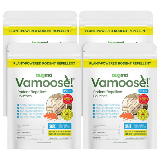 BugMD Vamoose! Plus Peppermint Oil Mouse Repellent Pouches | Natural Mice Repellent Indoor & Rat Deterrent for House, Garage, RV, Car & Storage | Plant-Powered Rodent Control - 4 Pack - 16 Pouches