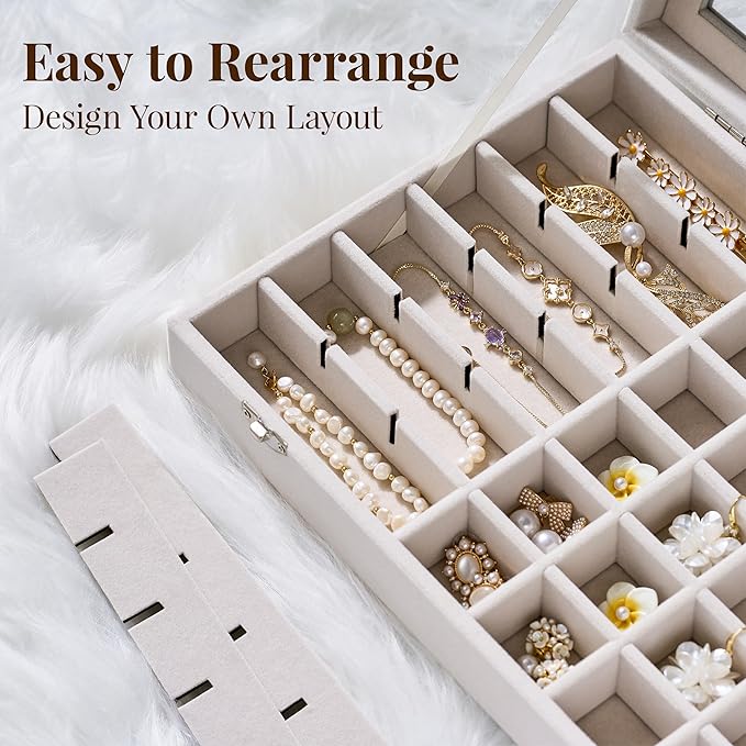 48 Grid Earring Organizer and Storage: Velvet Jewelry Tray with Lid, Jewelry Box for Studs, Earrings, Rings, Necklaces, Dresser & Vanity, Earrings Case for Girls, Women, 13"x8.6"x2.4", Beige