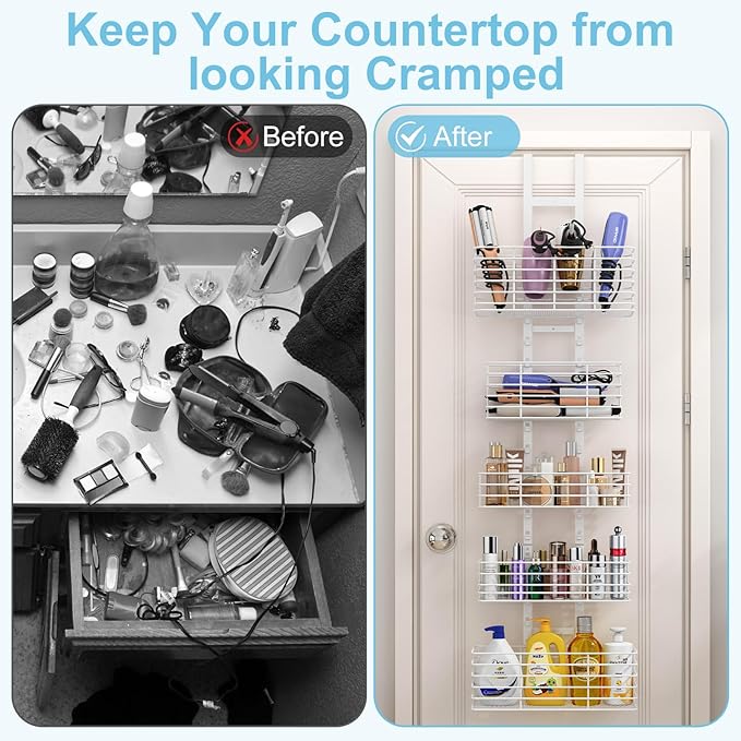 Yuyetuyo 5-Tier Over The Door Organizer Bathroom Shelves Hair Tool Organizer - Hair Dryer Holder Adjustable Height, DIY Bathroom Storage Shelf Wall Mounted Behind The Door Storage