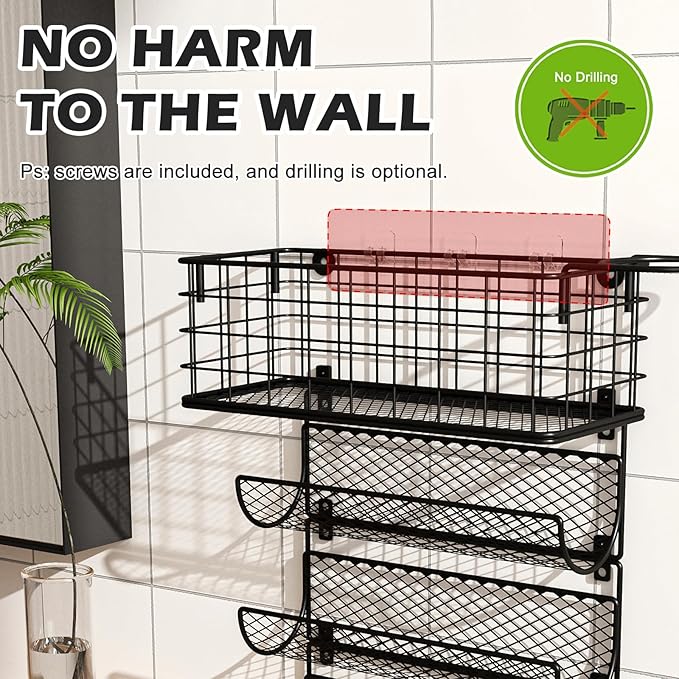 Wall-Mounted Hair Dryer Holder Styling Tool Organizer 4-Shelf Storage Wire Basket with Hook Heat Safe Rack for Hair-Straighteners,Curling Wands,Flat Iron,Perfume,Cabinet Door Bathroom Kitchen