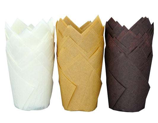 QLSmypkg Large Greaseproof paper Wrappers Muffin Baking cupcake cups liners, 2-1/4" x 4" Natural,Brown,White 3 colours in a box Tulip Baking Cups Holders 125 pcs (Large) (125, Multi 3)