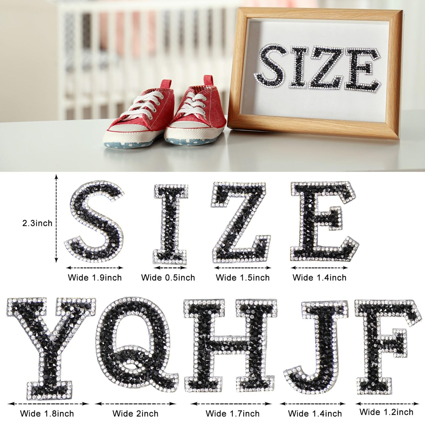 WILLBOND 37 Pieces Rhinestone Letter Stickers Large Glitter Alphabet Crystal Number Self Adhesive Bling Stickers Iron on Letters for Art Crafts Clothing DIY Decors(Black, White,1.97 Inch)