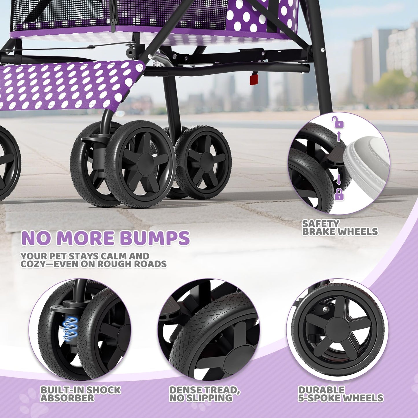 Magshion Compact Pet Stroller for Small-Medium Dogs/Cats up to 22lbs, 4-Wheel Lightweight Umbrella Shaped Portable Puppy Travel Jogger w/Breathable Mesh, Cup Holder & Rear Storage, Purple Polka Dots