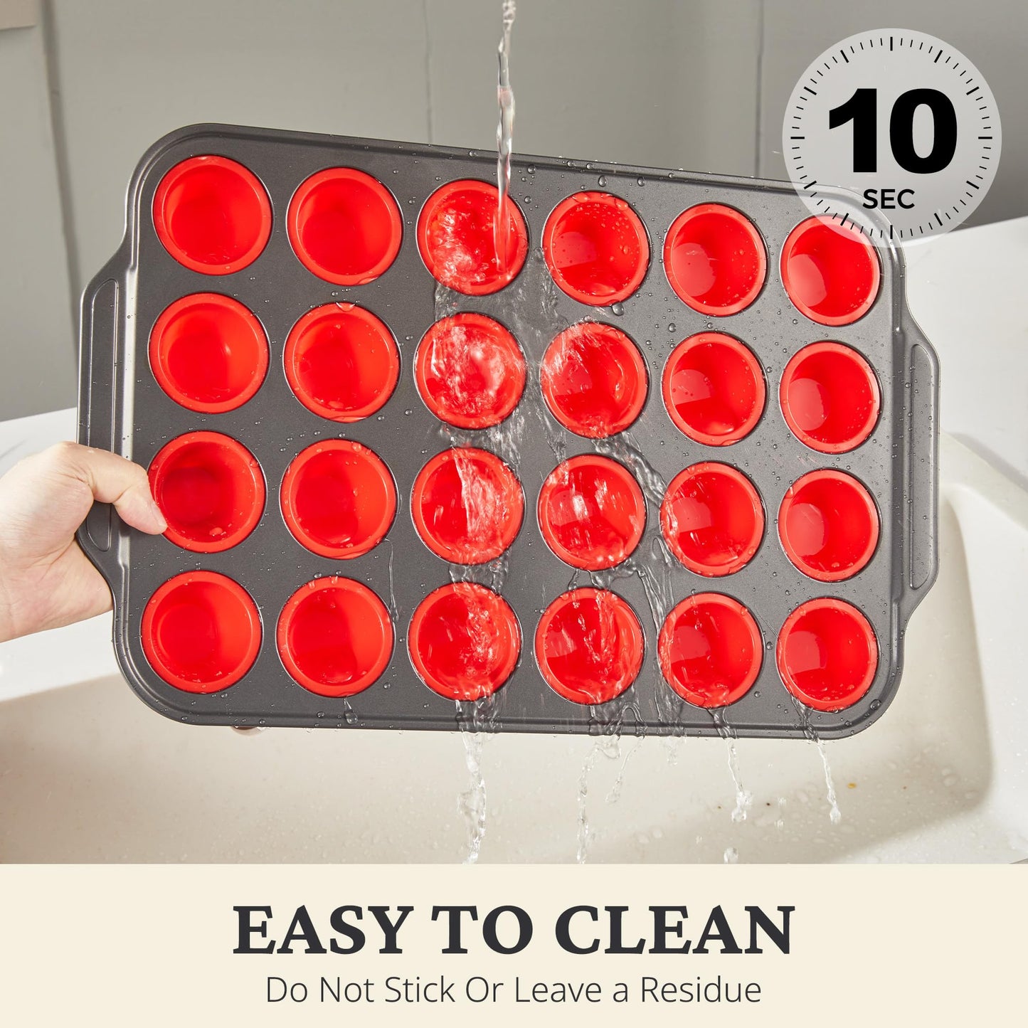 Silicone Mini Muffin Pan with Metal Frame, Egg Bite Molds for Baking for Baking, Cupcake Pans 24 Regular Size, Muffin Tins Easy to Pop Nonstick Non Toxic Bakeware for Oven,Red