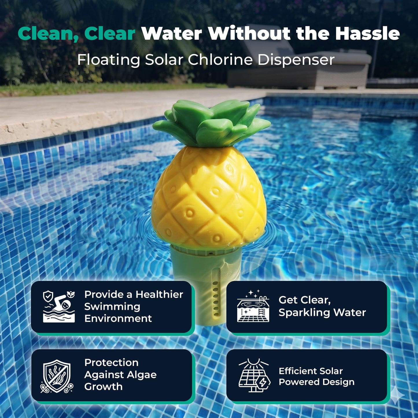 Game Solar Light-Up Floating Pool Chlorine Dispenser – Pineapple Design, Adjustable Control Ring, Holds Up to 3 x 3” Chlorine Tablets, for Above-Ground & In-Ground Pools