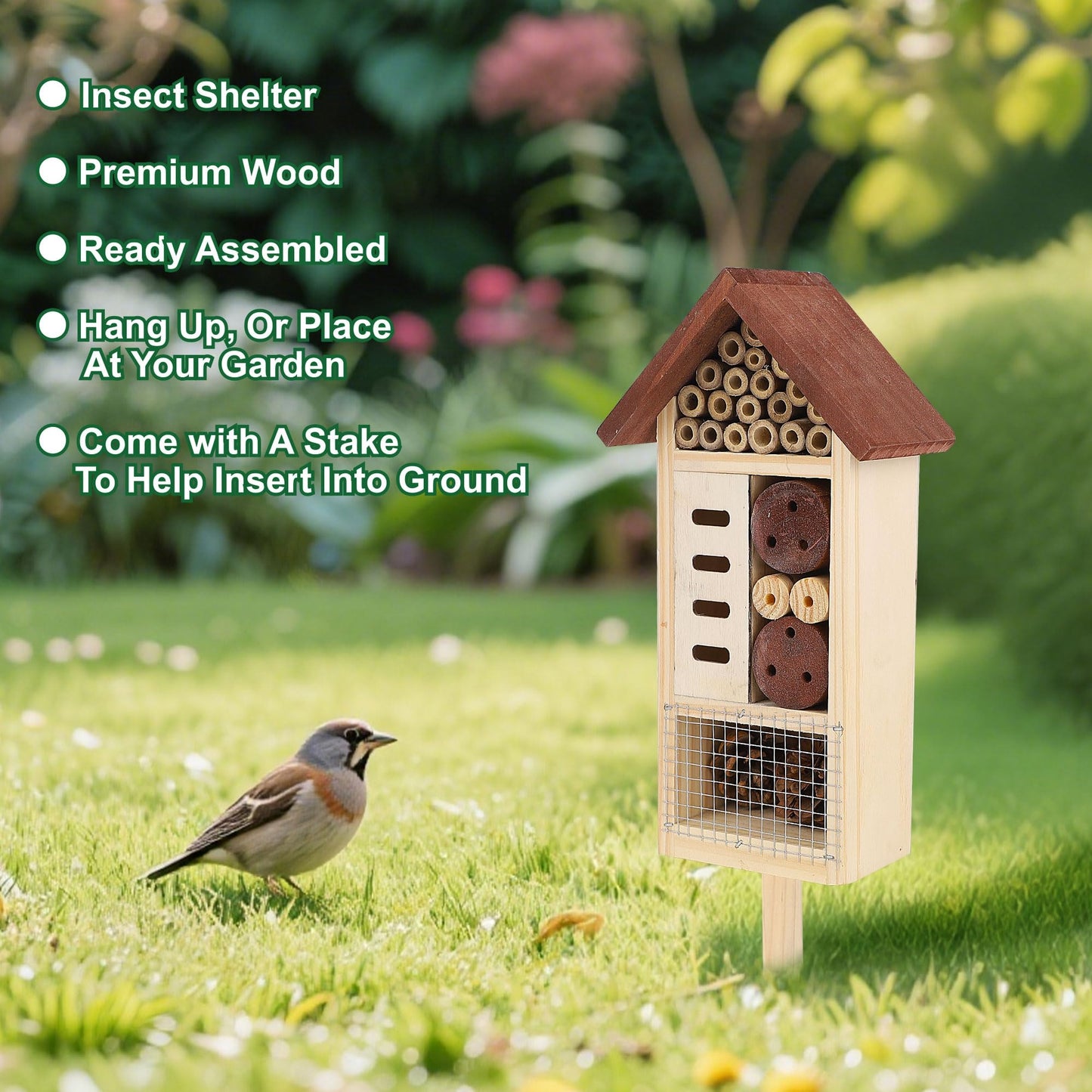 Lulu Home Wooden Insect House with Stake, Hanging & Inserting Two Mount Ways Insect Hotel for Bee, Butterfly, Ladybirds, Beneficial Insect Habitat, Bug Hotel Garden, 19.7 X 3.4 X 5.4 Inch